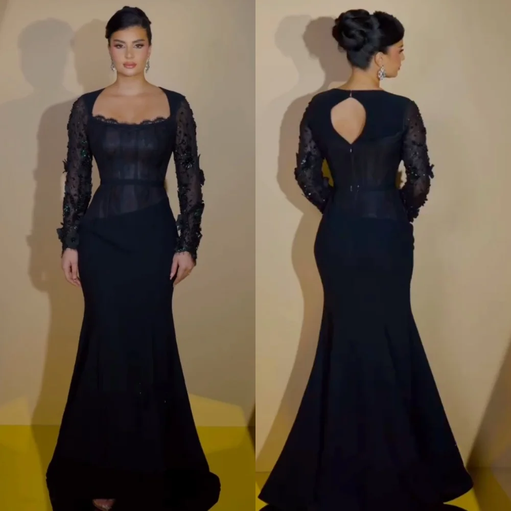 

Customized Luxury Evening Gown Jersey Applique Lace Trumpet Black Long Dresses Bespoke Occasion Woman Elegant Party Wedding