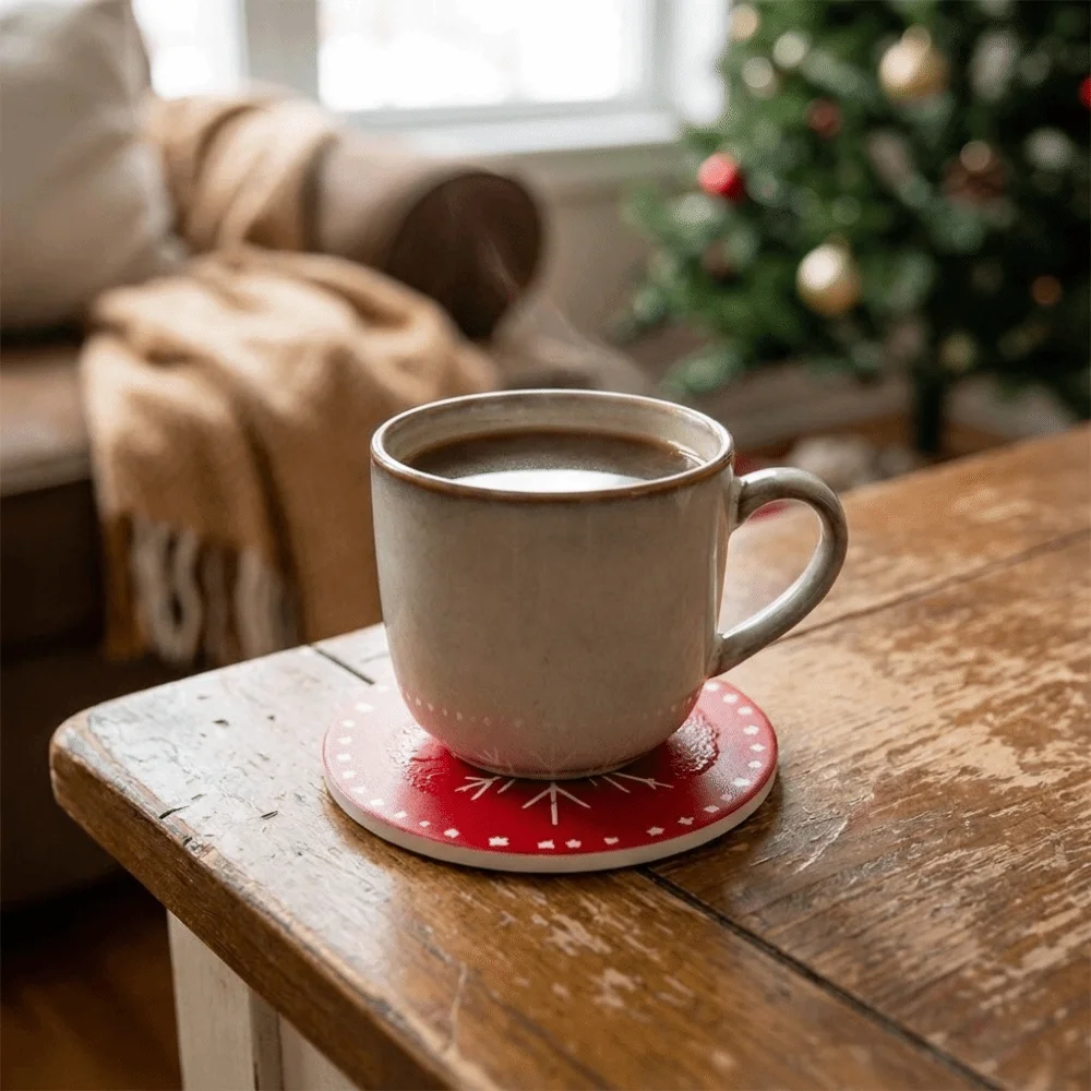 6PCS Round Christmas Wooden Coasters Printed Pattern Unique Drink Cup Mats Santa Claus Snowflake Pattern Lightweight