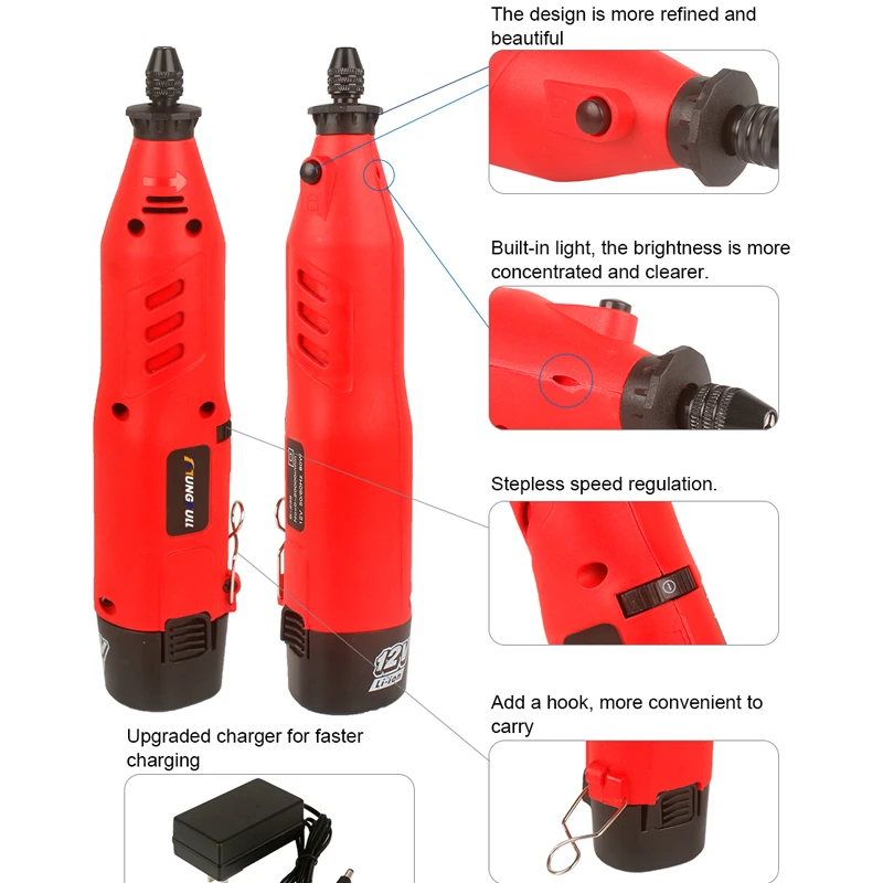 12V 80W Cordless Drill Lithium Battery Engraver Electric Mini Drill Rechargeable Dremel Rotary Tool Variable Speed With Light