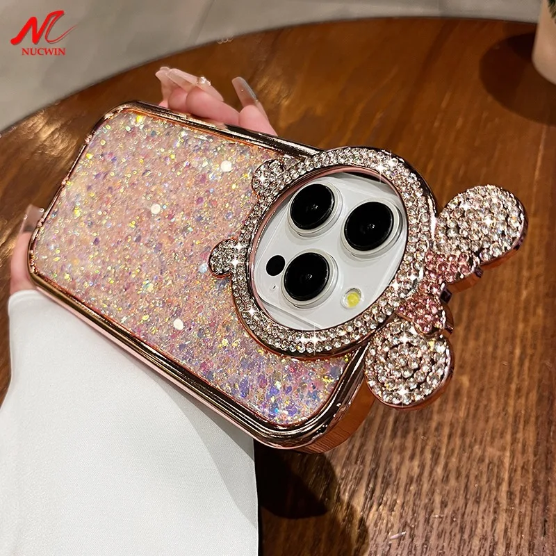 Diamond Bear Ear Case for iPhone 15 Pro Max 14 Pro 12 13 Pro Max Colorful Sequin Plating Silicone Soft Luxury Girl's Cute Cover