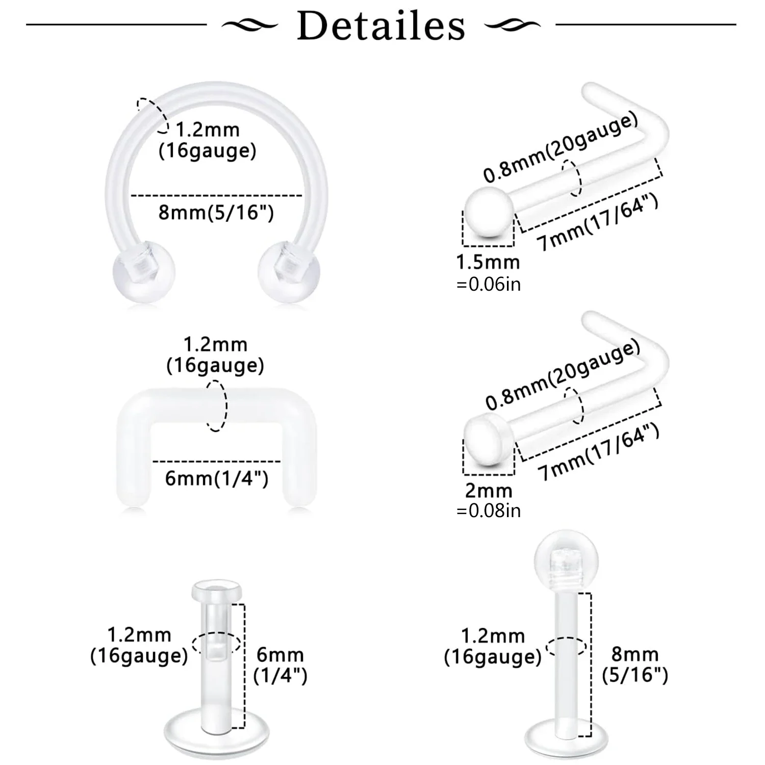 Mixed Set Clear Piercing Retainers Flexible Lip Ear Nose Tongue Rings Nipple Rings Cartilage Earrings Piercing Retainer