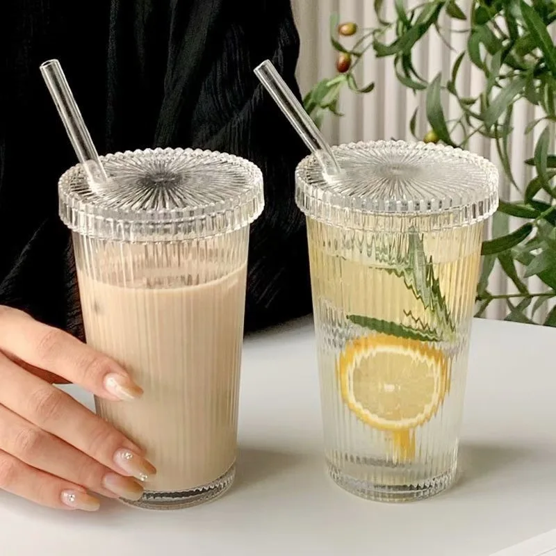 375ML Stripe Glass Cup Transparent Glasses With Lid and Straw Coffee Mug Milk Tea Cup Beer Can Juice Cups Drinkware Dessert Cup