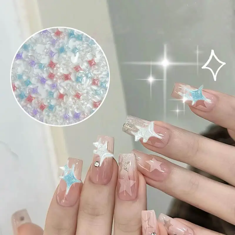 50pcs Luminous Macaron Color Four-pointed Star Nail Art Decorations 3D Cross Double Stars Nail Charms Accessories for DIY Nails