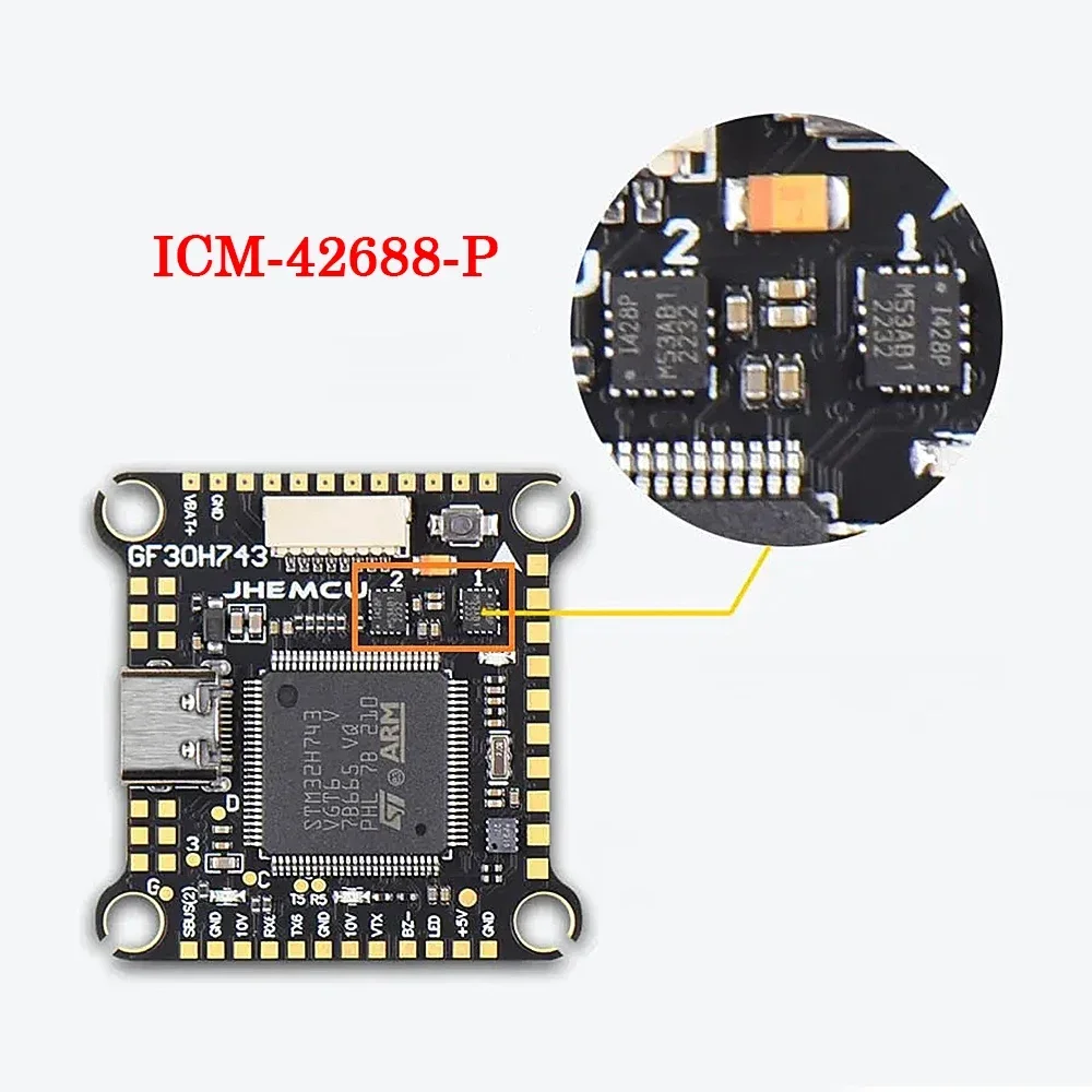 JHEMCU GF30H743 480MHZ Flight Controller ICM-42688P Dual Gyroscope Dual BEC Barometer OSD Black Box 128M 3-6S for RC FPV Drone