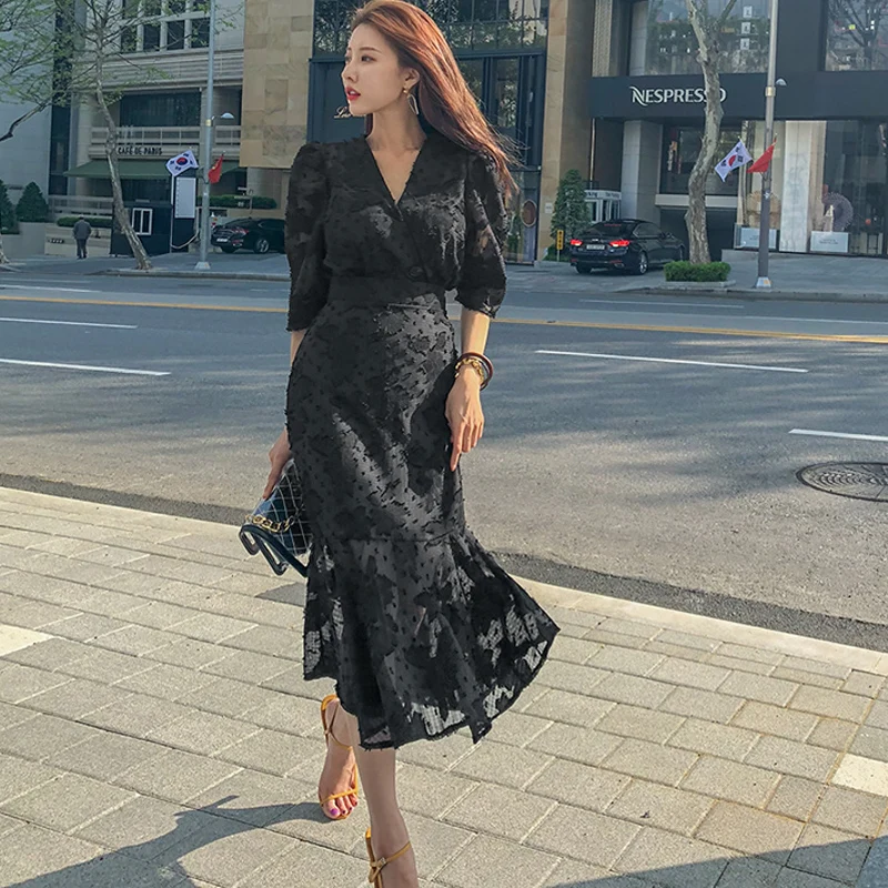 تنورة Fall V-ne Fi-tail Dr Bla للتخسيس عالية الخصر كورية Sle للسيدات تنورة متوسطة الطول تشبه سيدة أنيقة