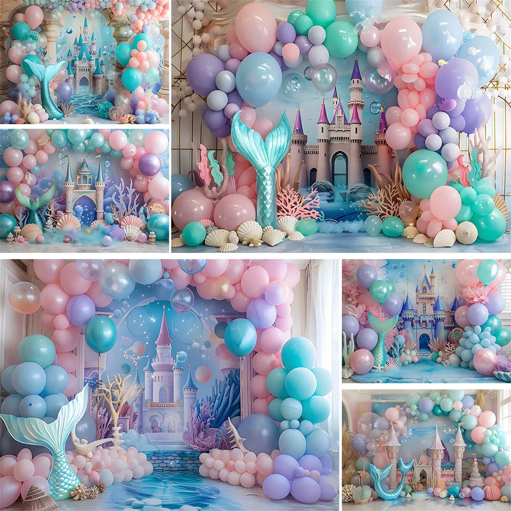 

Mocsicka Photography Background Mermaid Princess Undersea Castle Balloon Girl 1st Birthday Cake Smash Photo Backdrop Shoot Props