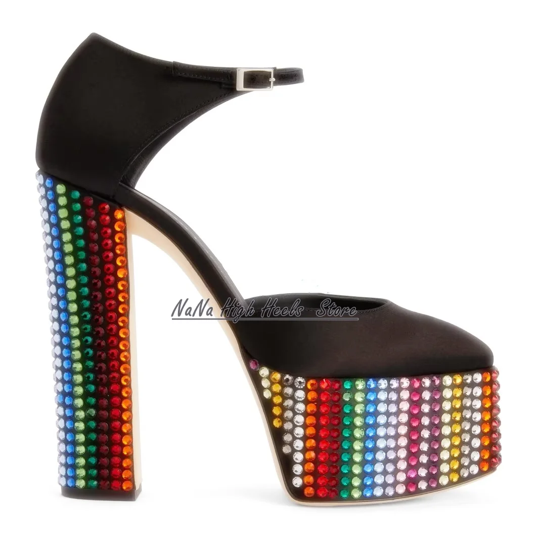 New Fuchsia Satin Platform Multicoloured Rhinestone Sandals 2022 Women Round Toe Block High Heel Sandals Luxury Ladies Buckle