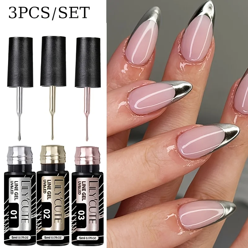 

LILYCUTE 3PCS/SET Gold Sliver Metallic Liner Gel Nail Polish French Style Super Bright Pull Line Graffiti Painting Stripe Gel