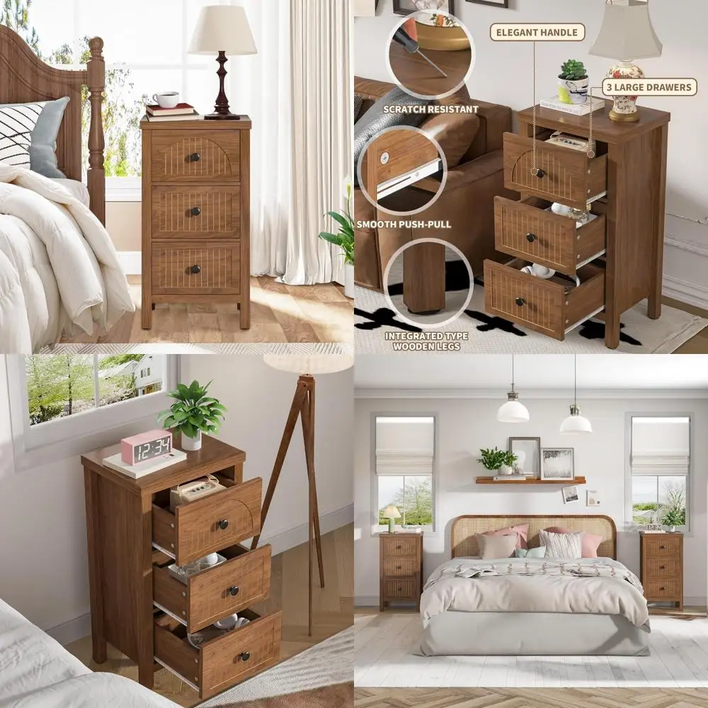 

Деревянная тумбочка середины века с 3 ящиками для хранения в спальне