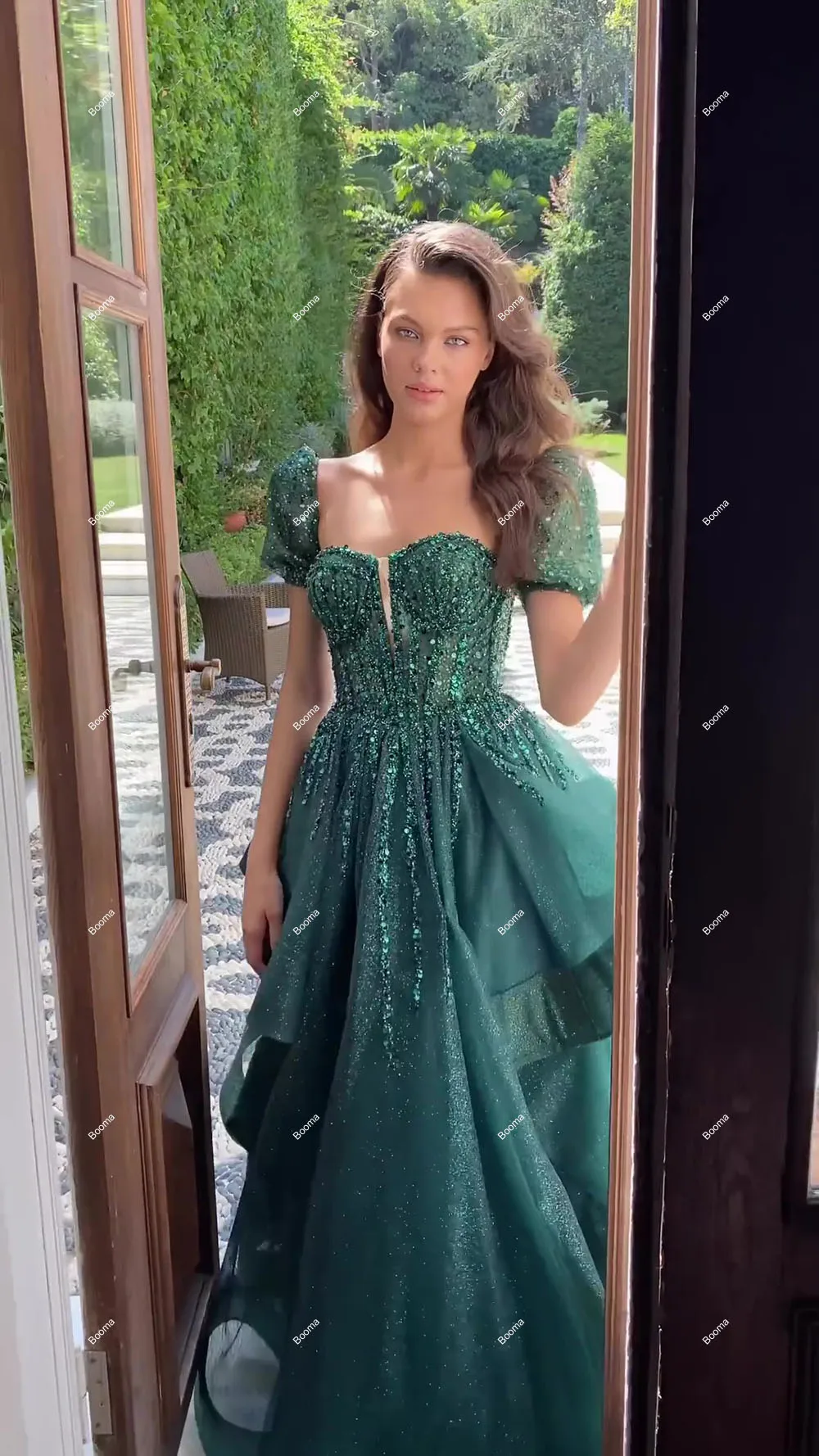 Booma-vestido de novia verde con purpurina, traje Formal de manga corta, con cola, con volantes