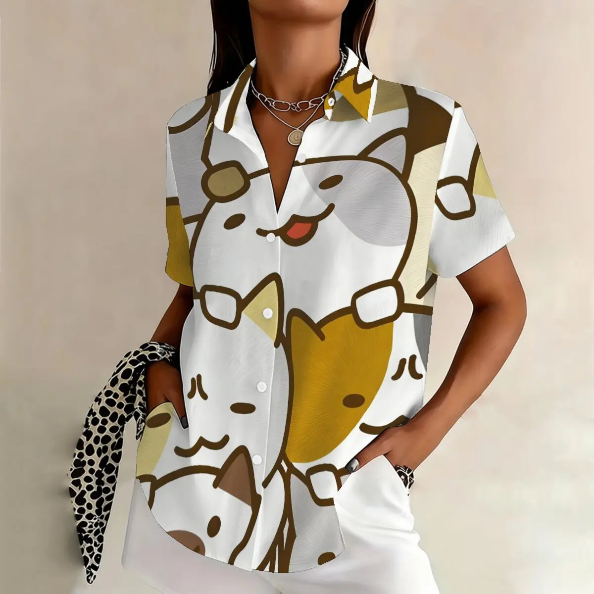 

Simple cartoon cat print summer women's plus size lapel short sleeved shirt, personalized and fashionable daily versatile top