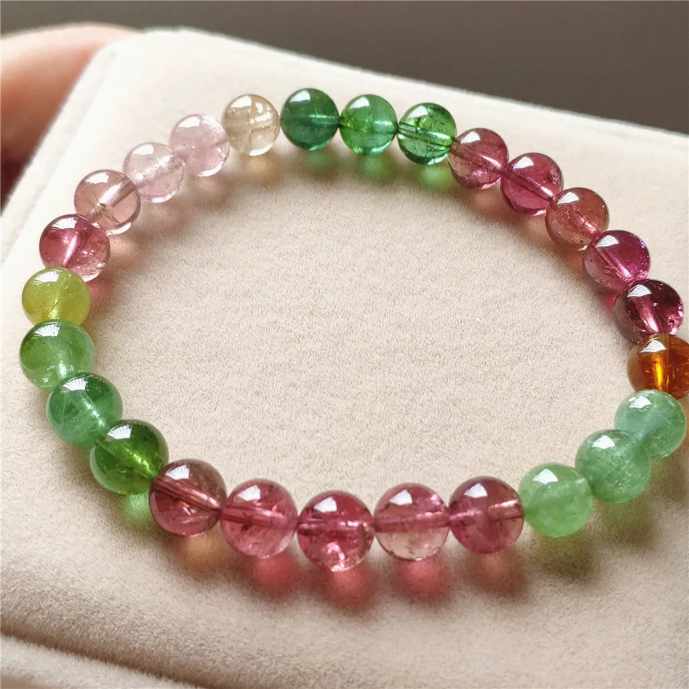 Natural Colorful Red Tourmaline Clear Round Beads Bracelet 7.3mm Brazil Green Candy Tourmaline Women Men AAAAAAA