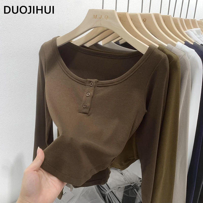 DUOJIHUI Navy Blue Autumn Sexy Chicly Button Women T-shirts Basic O-neck Simple Casual Fashion Solid Color Slim Female T-shirts