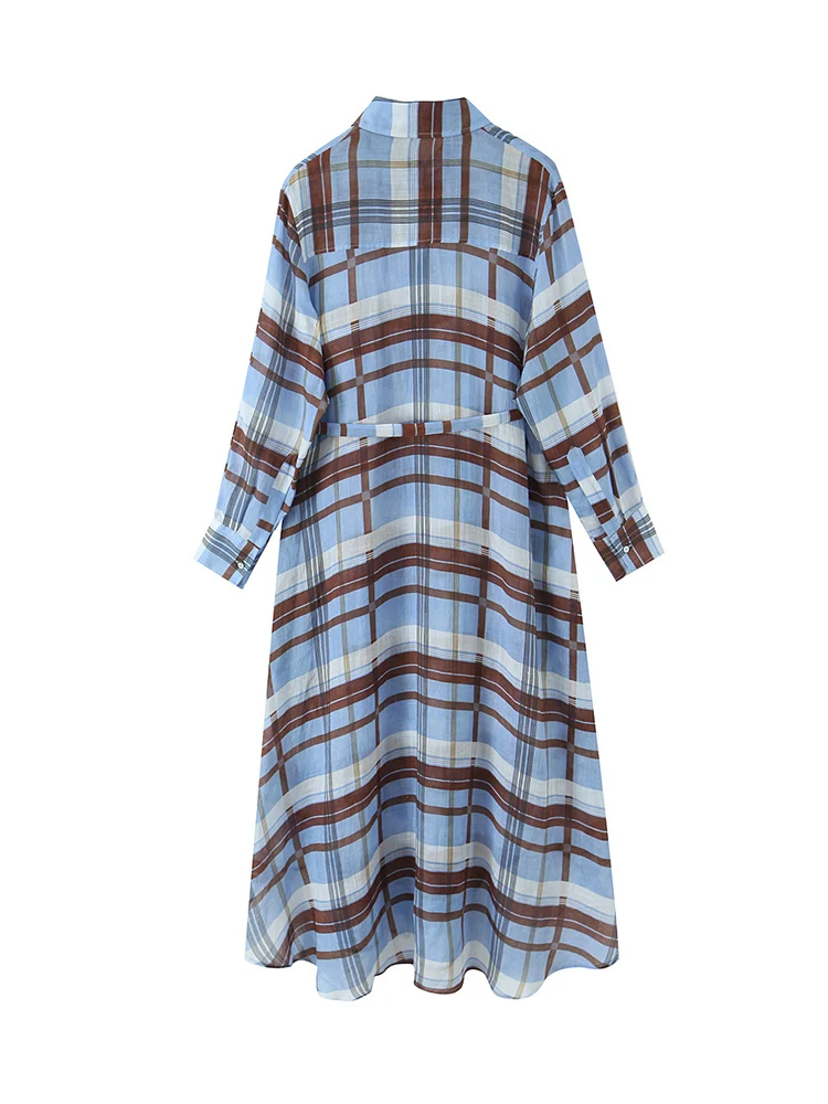 Jesienna damska sukienka codzienna z koronkowym wiązaniem, w kratę, z nadrukiem, z kołnierzykiem koszuli, wiązana w talii, midi, nowa moda 2025, sukienka damska w stylu vintage.