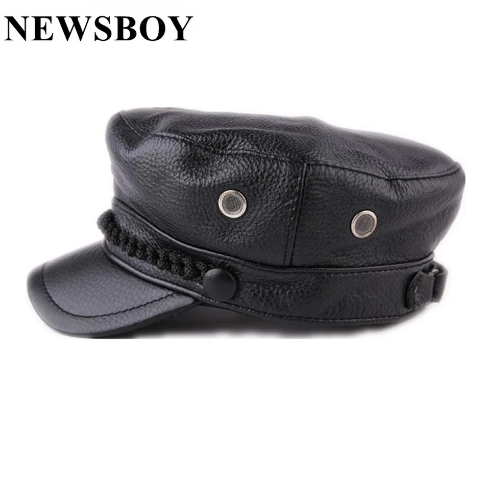 

NEWSBOY Black Real Leather Hat for Men Genuine Leather Military Hat Vintage Baker Boy Cap Sailor Autumn Winter Cowskin Army Cap
