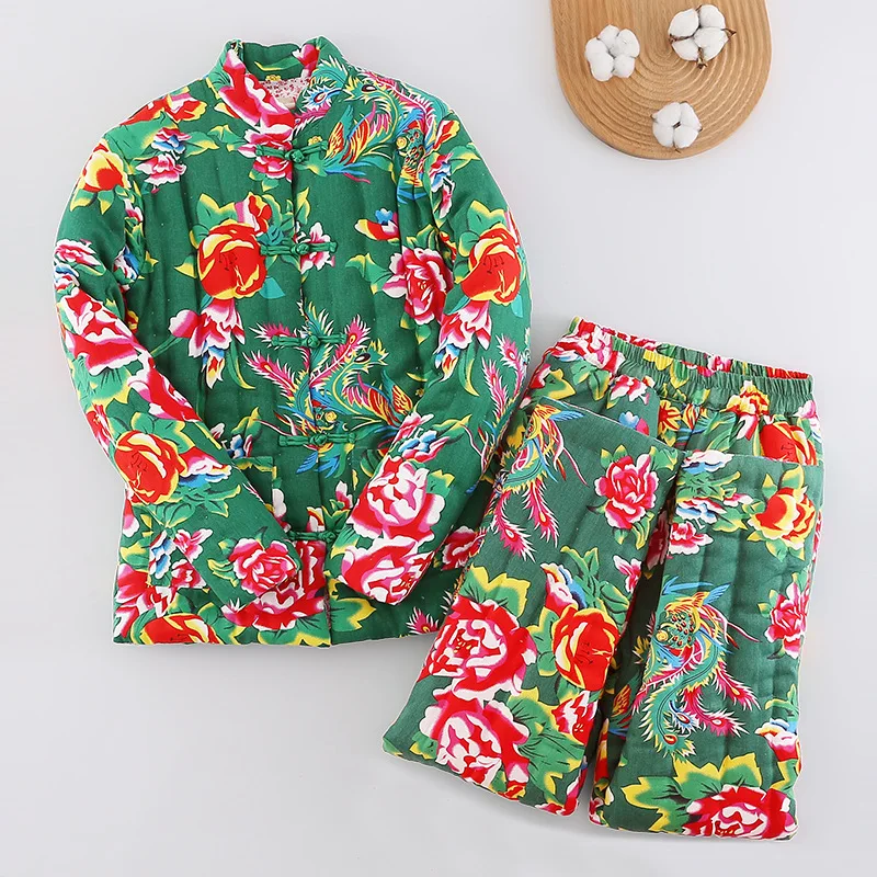 Women's High-waisted Cotton-padded Pants Set Winter Thickened Warm Slim-fitting Long-sleeved Pure Handmade Cotton-padded Clothes