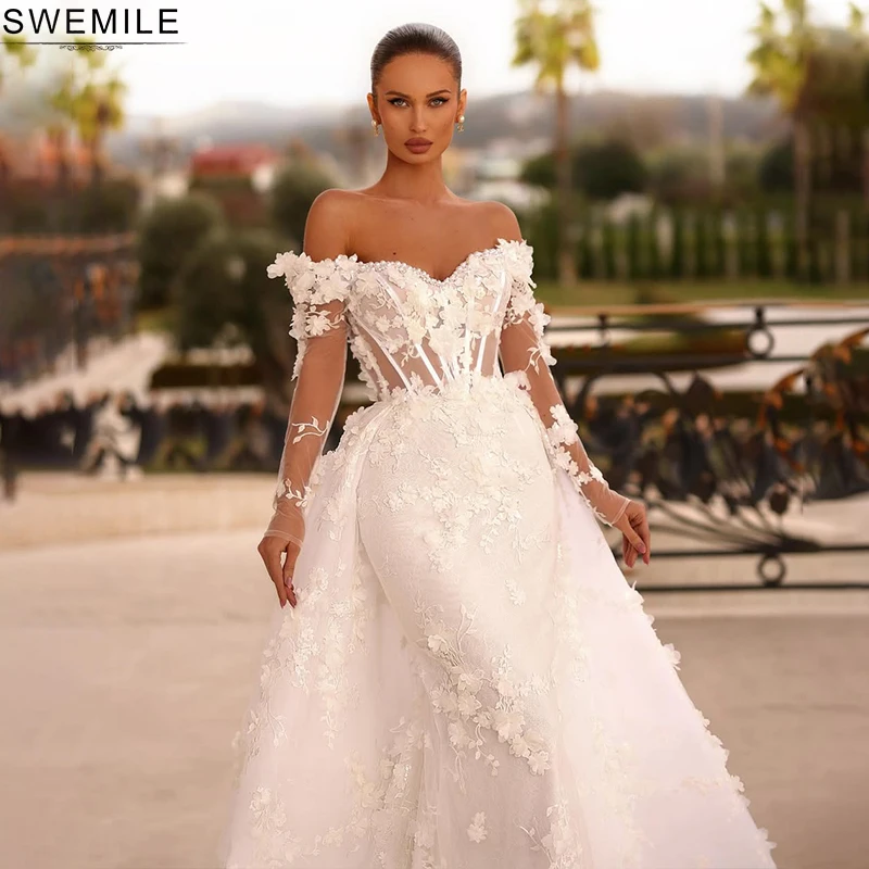 

SWEMILE Lace Appliques Pearls Wedding Dress Detachable Train 2025 3d Flower Bone Corset Bridal Gowns Fullsleeve Vestido De Novia