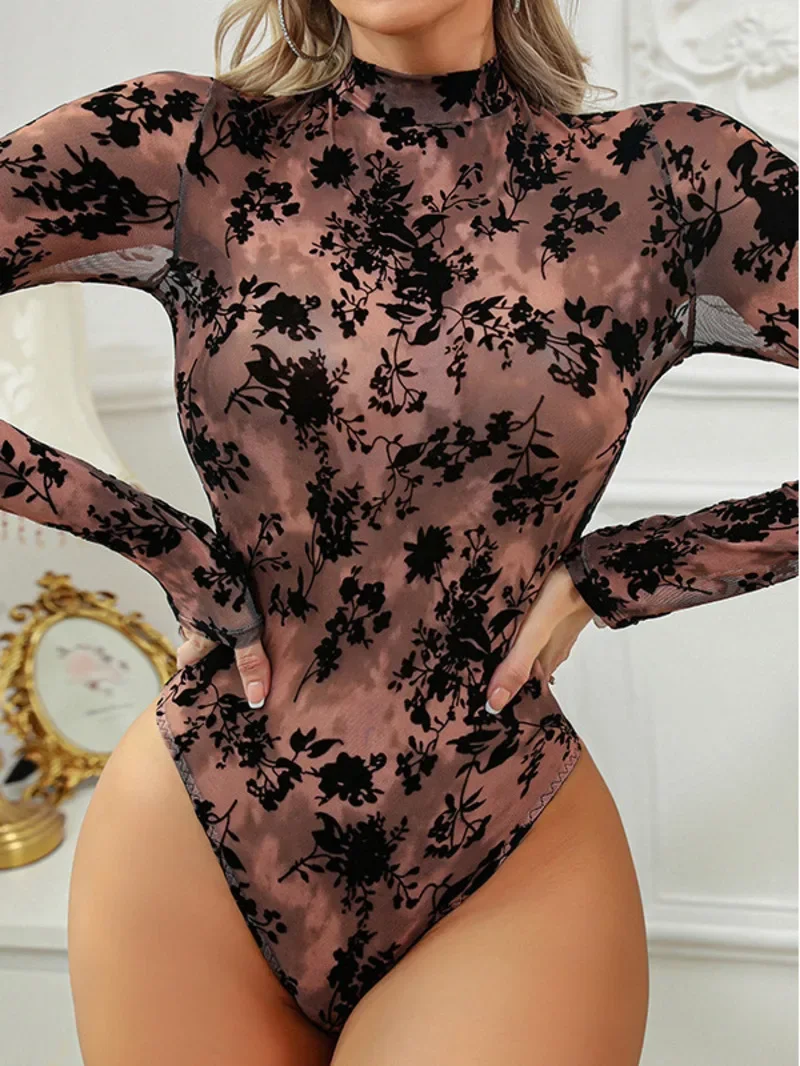 

Sexy Flower Print Transparent Lace Bodysuits Backless Deep V Suspenders Sleeveless Bodysuits Charming Pure Desire Elegant RB7O