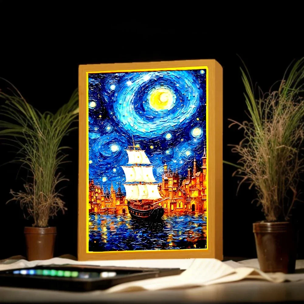 Light Painting Picture Frame Led Night Light Moon Lamp Van Gogh Starry Sky Wall Art Oficina Bedroom Home Room Decor Friend Gifts