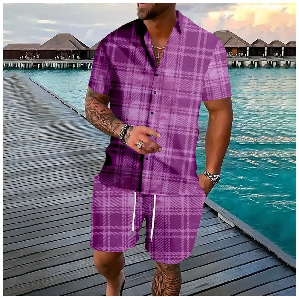 Fashion Stripe Plaid 3D Print Men Shirt Sets Casual Short Sleeve Shirt Oversized Beach Shorts Streetwear Hawaiian Suits Clothes