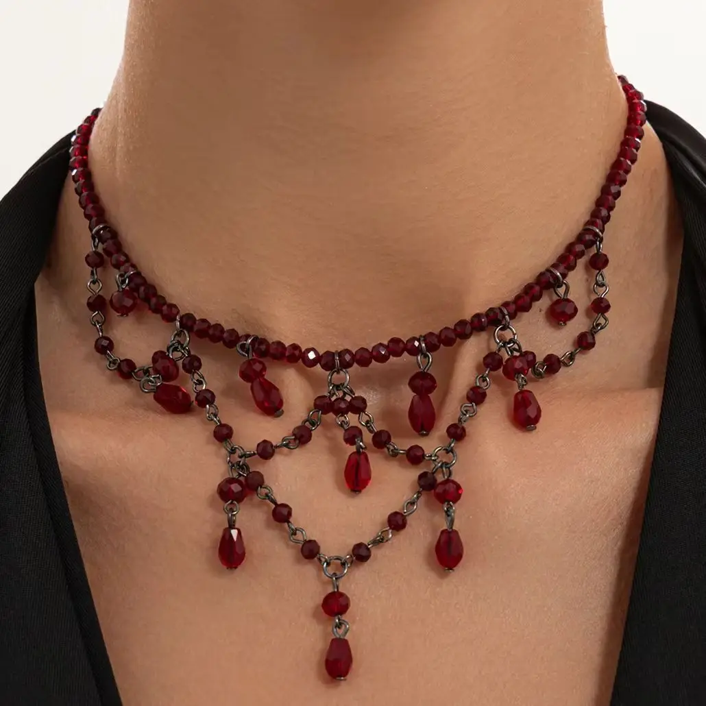 SHIXIN Gothic Glass Crystal Tassel Choker Black Beads Handmade Strand Necklace Multilayer Charm Clavicle Chain Women Jewelry New