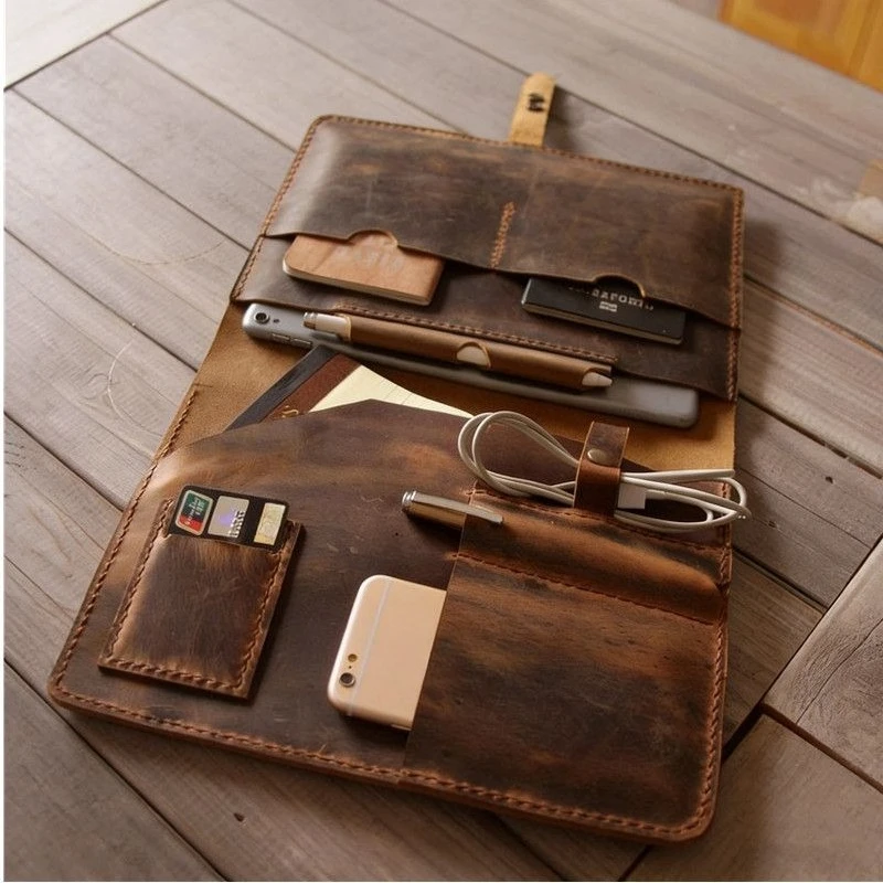 Vintage Leather Empty Bag Portable Phone Card Pen Pouch Multifunctional Mini Tablet Case Organizer 28.5*20.5cm