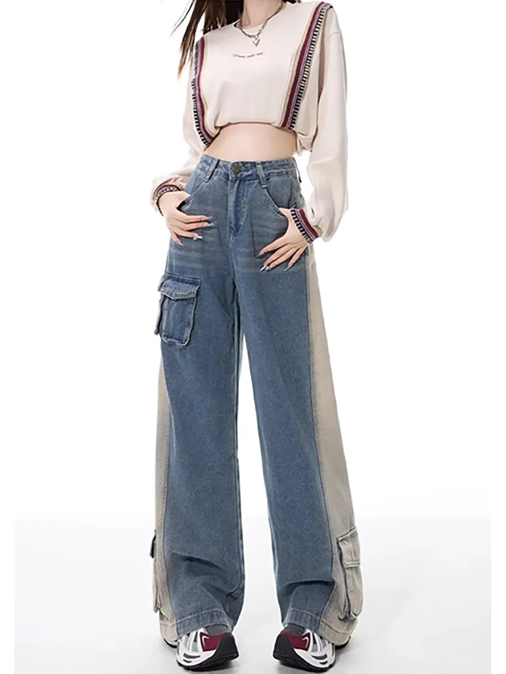 2024 Women y2k Vintage Fashion Patchwork Cargo Jeans scene Streetwear Korean Pockets Free Shiping Pants For Japanese 2000s Style