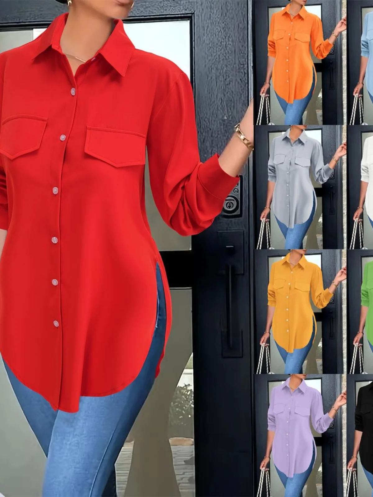 Women's Cleanfit Polyester Cardigan Collar irt Long Sve Sved irt Waist-Cinched Flared Legs  Color Non-Sink