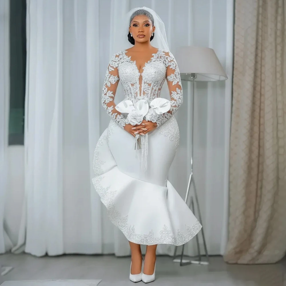 

Modern African Mermaid Civil Wedding Dress Ankle-Length Ruched Long Sleeves Bridal Dress Plus Size Bride Dresses Customized