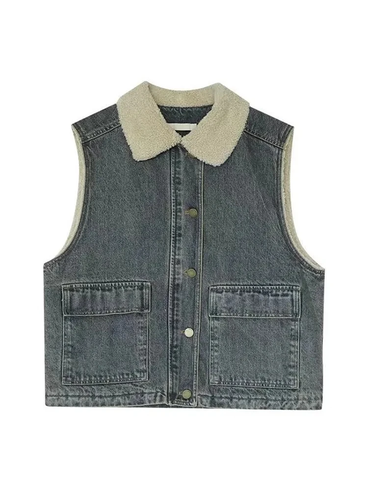 Lamb Wool Denim Vest Jacket For WomenLoose Fit Big Pockets Sleeveless Color Blocking Versatile Fashionable Outerwear