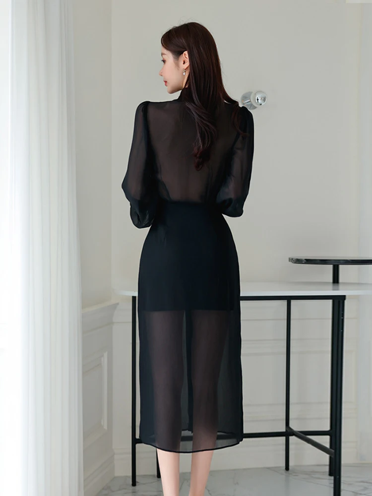 Abito professionale elegante stile camicia Abiti da donna Nero sexy trasparente trasparente a maniche lunghe Abito da lavoro femminile Abiti da strada
