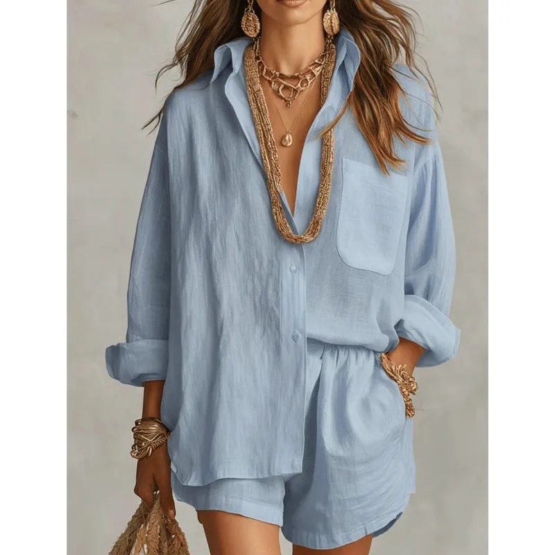 

Fashion Solid Shirt Home Suits Woman's Casual Long Sleeve Tops + Elastic Waist Shorts Two Piece Set Ladies Button Loose Outfit