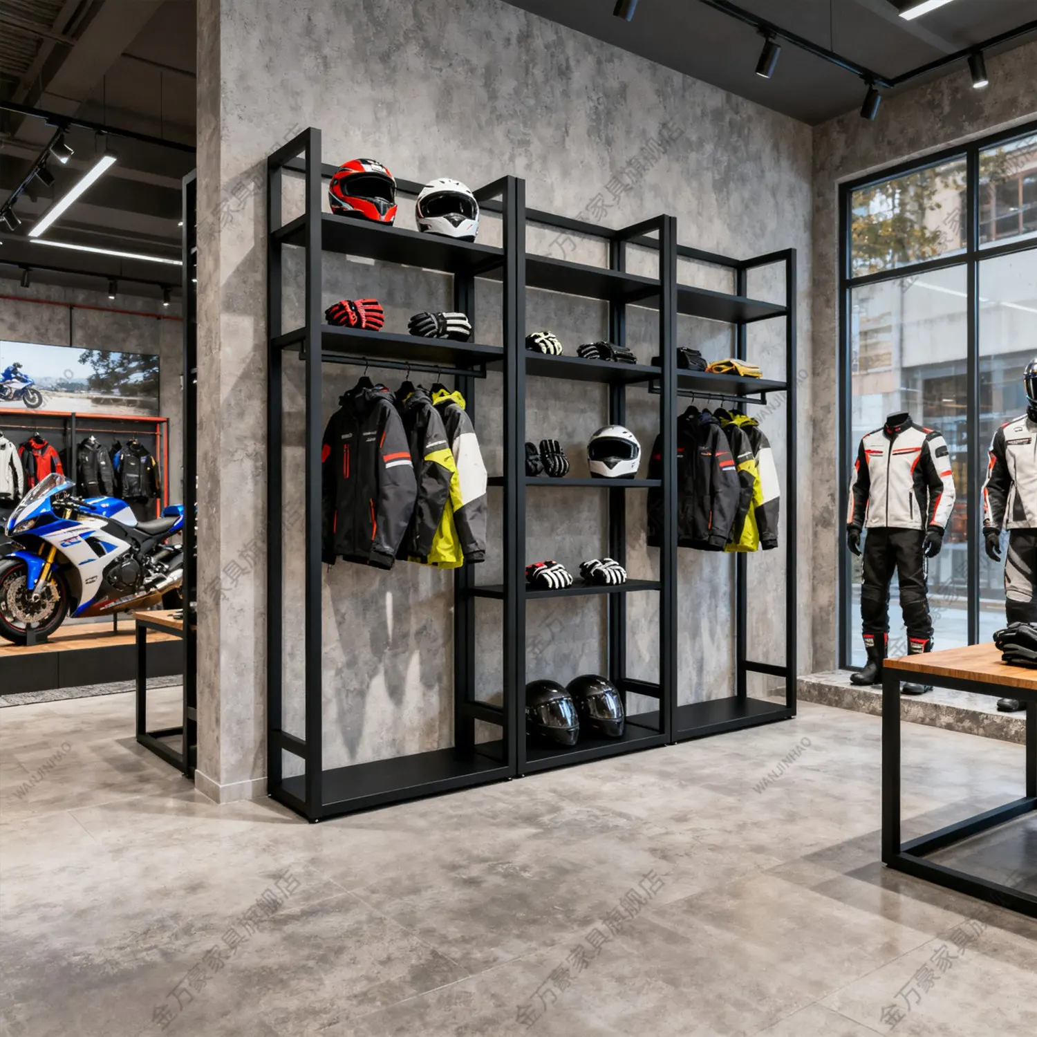 Motorcycle helmet, locomotive accessories display rack, sports clothing rack against the wall shelf, cycling clothes floor