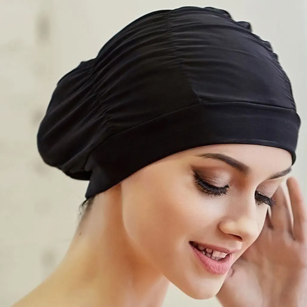 Bonnet de bain en tissu imperméable pour femme, léger, réglable, noir, rester confortable