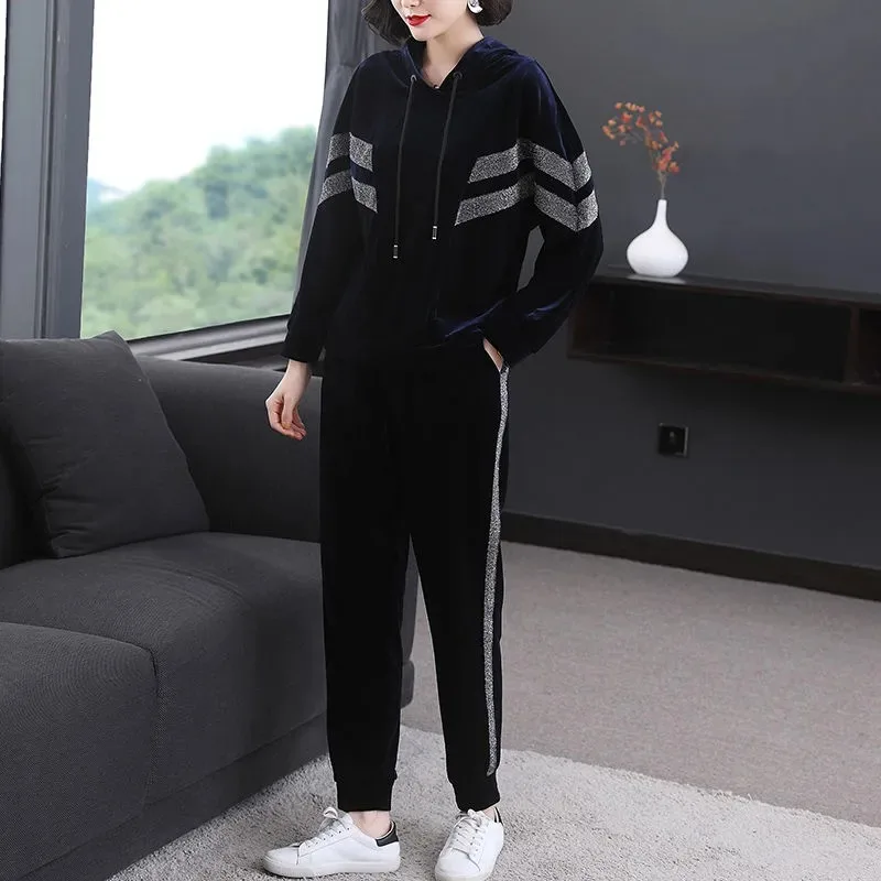 Middle Aged Women Autumn Velvet Tracksuit Glitter Stripe Hoodie Jogger Pants Casual Two Piece Outfit