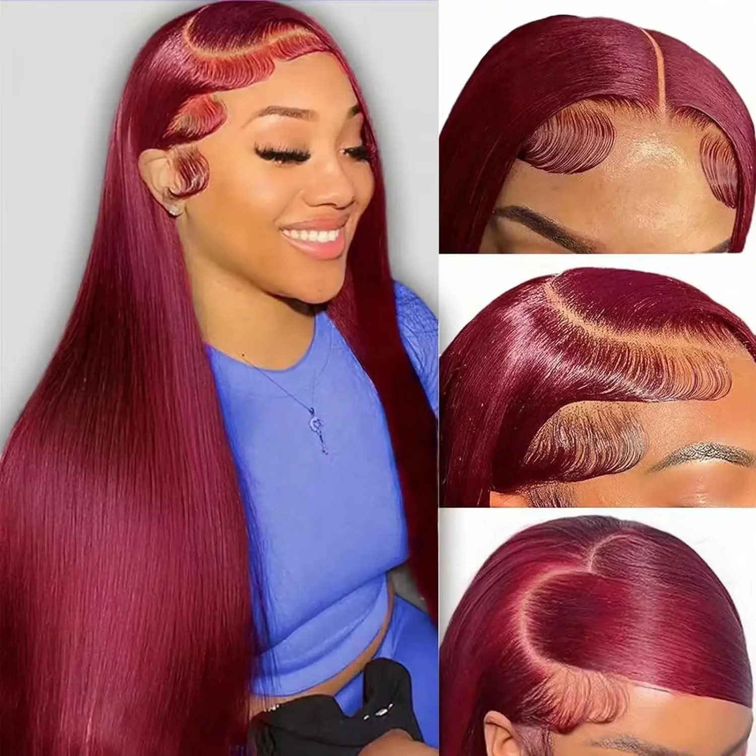 

42 Inch 99J Burgundy Bone Straight Wigs 200 Density Preplucked 13x4 13x6 HD Frontal Human Hair Wigs For Women Wine Red Wig