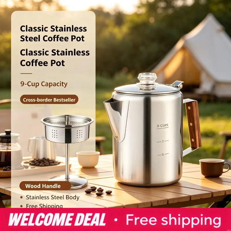 Stainless Steel American Coffee Pot for Outdoor Camping, 9 Cups Large Capacity with Scale, Lightweight Wild Cooking Brew Pot
