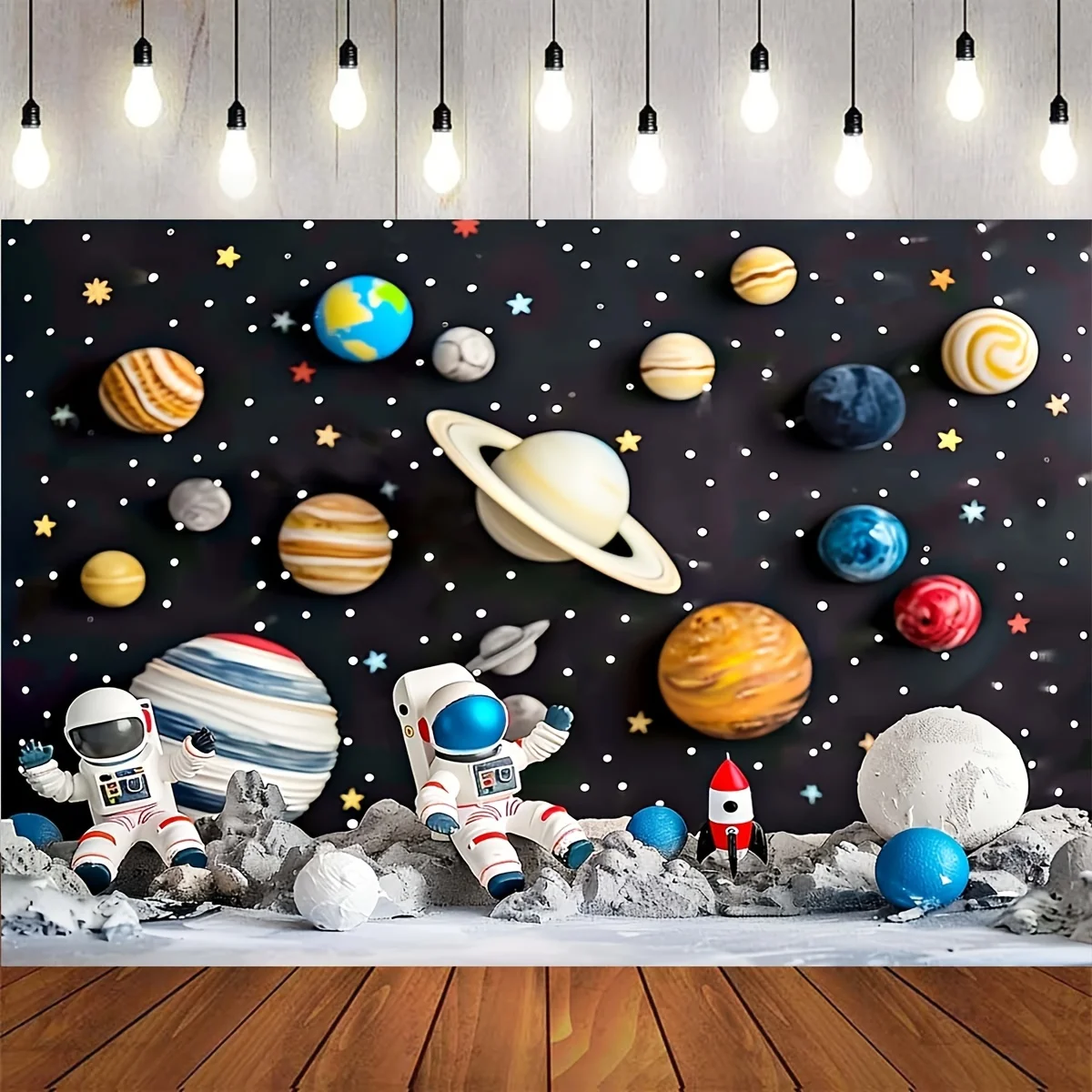 Fotohintergründe mit Weltraummotiv, Cartoon-Astronauten, Planeten, Sterne, Raketen-Raumschiffe, Geburtstagsfeiern aus Polyester