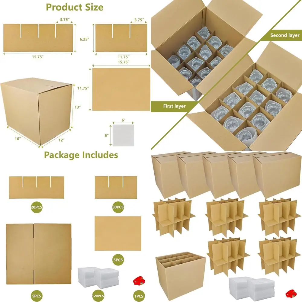 

Набор из 5 коробок для переезда с разделителями для стеклянной посуды, 16x12x13 дюймов, 120 пенопластовых пакетов, 2 рулона клейкой ленты