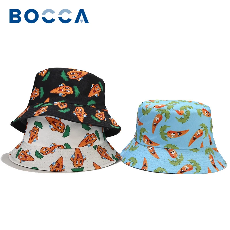 Bocca Cartoon Bucket Hat Carrot Panama Fisherman Hats For Men Women Vegetable Printing Cute Double-Sided Summer Travel Beach Cap