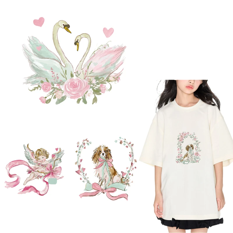 

2PCS Swan Roses Angel Dog iron on patches DTF Patches for clothes Iron-on transfers for clothing heat transfer sticker