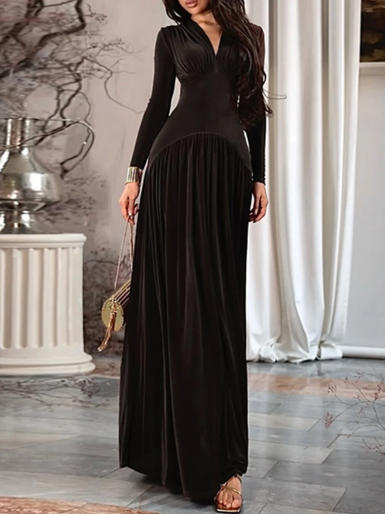 Autumn Maxi Dress For Women Sexy Fashion Solid V Neck Long Sleeve High Waist Slim Elegant Club Party Pleated Velvet Long Dress