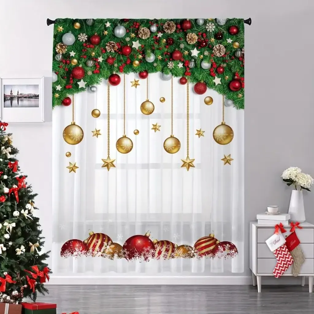 2pcs Vibrant Red Balloon Christmas Printed Rod Pocket Curtain - Window Sheer Curtain for Living Room, Study, Bedroom, Office