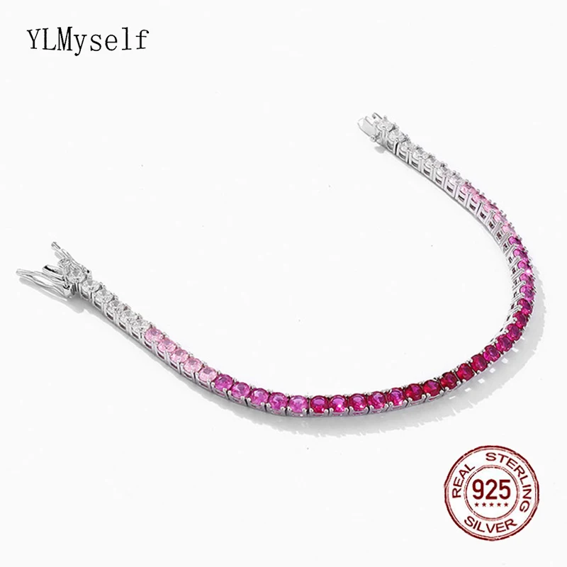 Pure Silver Of 14-21 CM Tennis Bracelet Jewelry Chain Pave 3mm Ruby/Aqu. LT Blue Gradient Color CZ Eternity Real 925 Jewellery