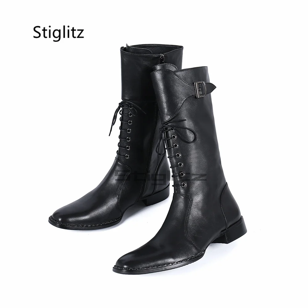 Men's Lace Up Riding Boots Black Genuine Leather Low Heels Long Motorcycle Boots British Style Buckle Party Dress Winter Shoes - view 4