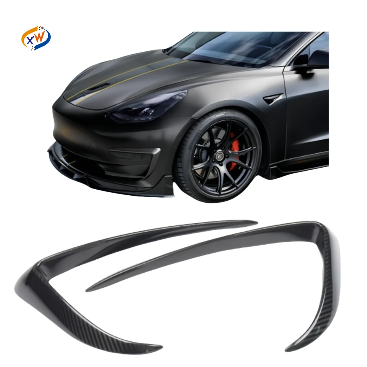 

For Tesla Model 3 Dry Carbon Fiber Front Bumper Wind Blade Fog Light Frame Adhesive Appearance Surrounding Carbon Fiber