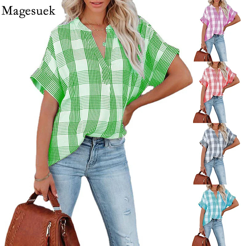 

Summer Plaid Printed Blouse Fashion V-neck Women Short Sleeve Tops 2022 Blue Loose Casual Shirts Blusas Mujer New Clothes 18888
