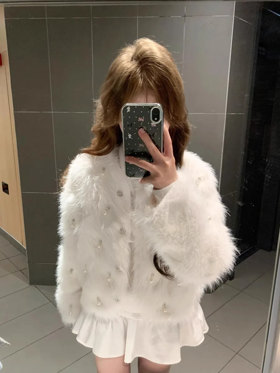 Short Knitted Cardigan Women\'s Faux Fur Milk Fufu Small Fragrance Style Sweater European New Goods High Level Knitted Jacket