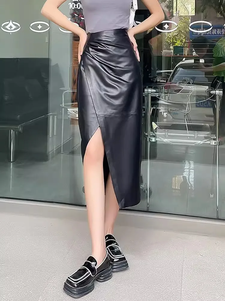 Spring New Women High Split Asymmetrical Mid Calf Long Skirt Pleated Office Ladies Slim Fit Sheepskin Genuine Leather Wrap Skirt