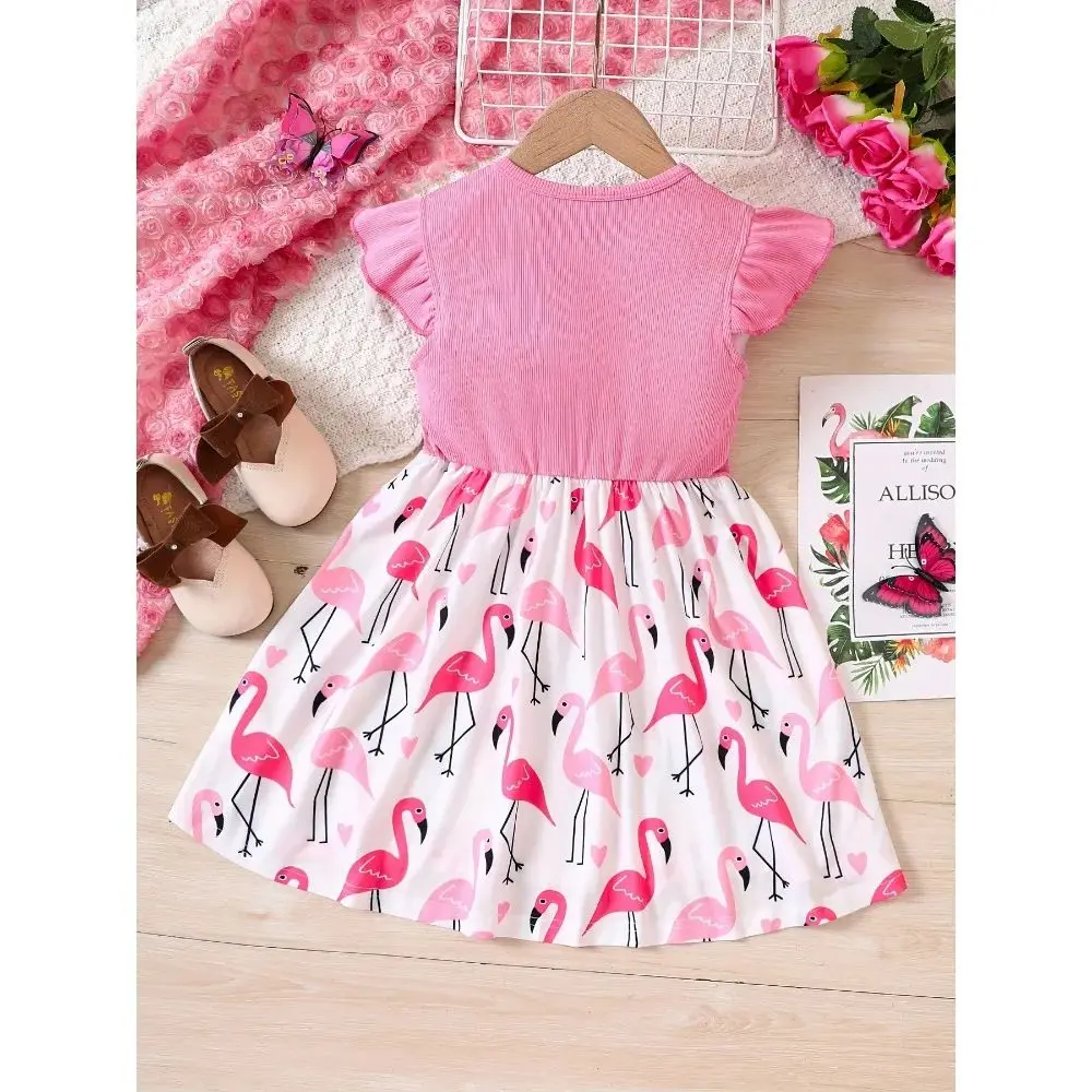 Girls Flamingo Print Flying Sleeve Casual Princess Dress For Party Vacation Outfit  Kids Dress Clothing  kids dresses for girls